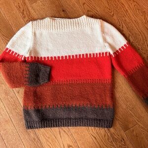 1970’s retro handmade Striped Cozy Knit Sweater in Cream, orange, Rust & Brown